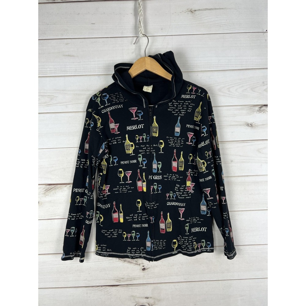 Jess & Jane Sweatshirt Womens XL Black Wine Print Zip Cotton Hoodie Made in USA